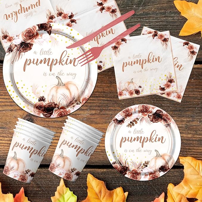 Little Pumpkin Baby Shower Decorations,142PCS Fall Baby Shower Tableware Decorations Include Disposable Little Pumpkin Plates Cups Napkins Tablecloth for Little Pumpkin is On The Way Baby Shower, Boy Girl Little Pumpkin 1st Birthday Party Supplies