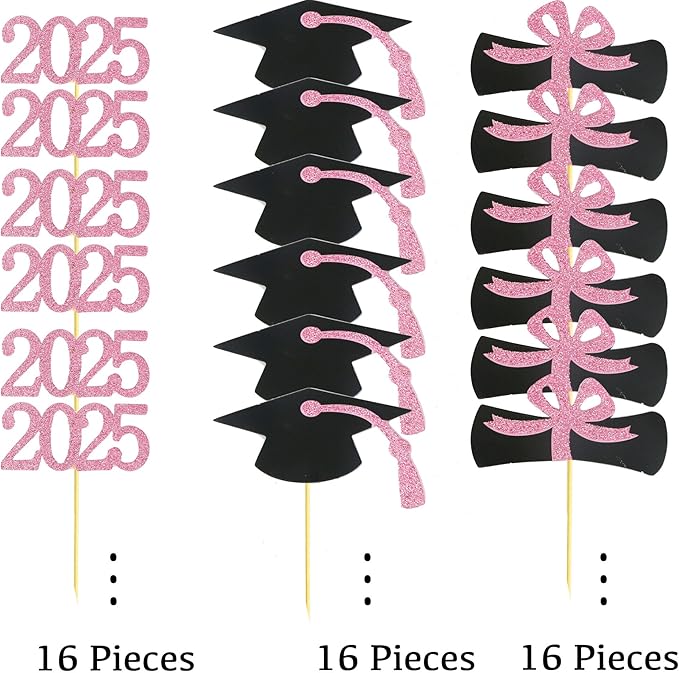 2025 Graduation Cupcake Toppers, 48 PCS Food/Appetizer Picks For Graduation Party Mini Cake Decorations, Diploma, 2025, Grad Cap Set 48 Pieces (06 Pink)