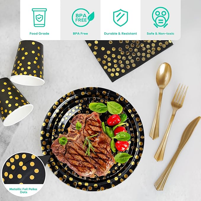 Black and Gold Party Supplies - 350 PCS Disposable Dinnerware Set - Black Paper Plates Napkins Cups, Gold Plastic Forks Knives Spoon for Halloween, Graduation, Birthday, Cocktail Party