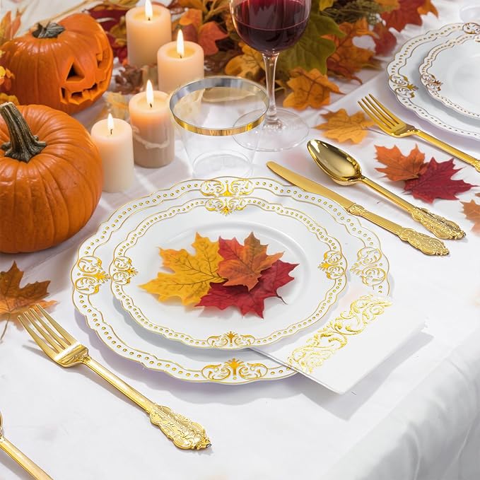 Ciaell 175 PCS White and Gold Plastic Plates - Fancy Gold Disposable Dinnerware Set with of 50 Plastic Plates, 25 Knives, 25 Forks, 25 Spoons, 25 Cups, 25 Napkins for Wedding, Party &Thanksgiving