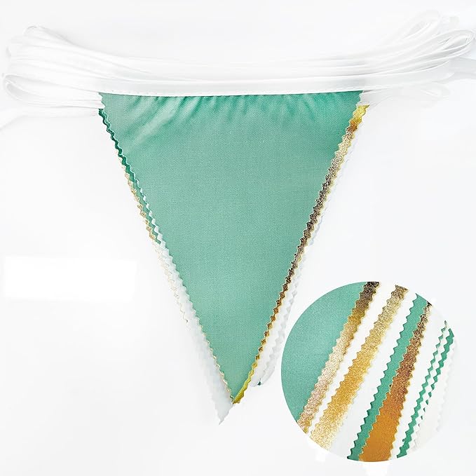 32Ft Sage Green Party Decorations Sage Green and Gold Triangle Flag Fabric Banner Pennant Bunting Garland Streamers for Rustic Party Wedding Baby Shower Birthday Home Nursery Outdoor Garden Decor