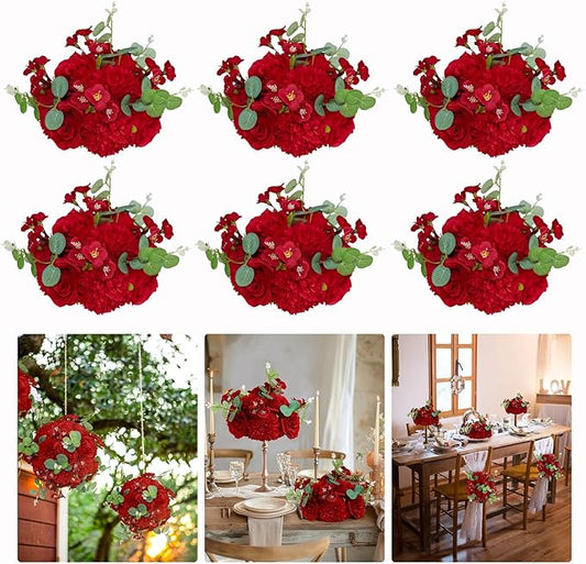 Artificial Flower Ball 6pcs Wedding Centerpieces Table Decorations Faux Red Rose Silk Floral Half Ball with Plastic Base for Party Home Room Event Table Arrangement (6, Red)