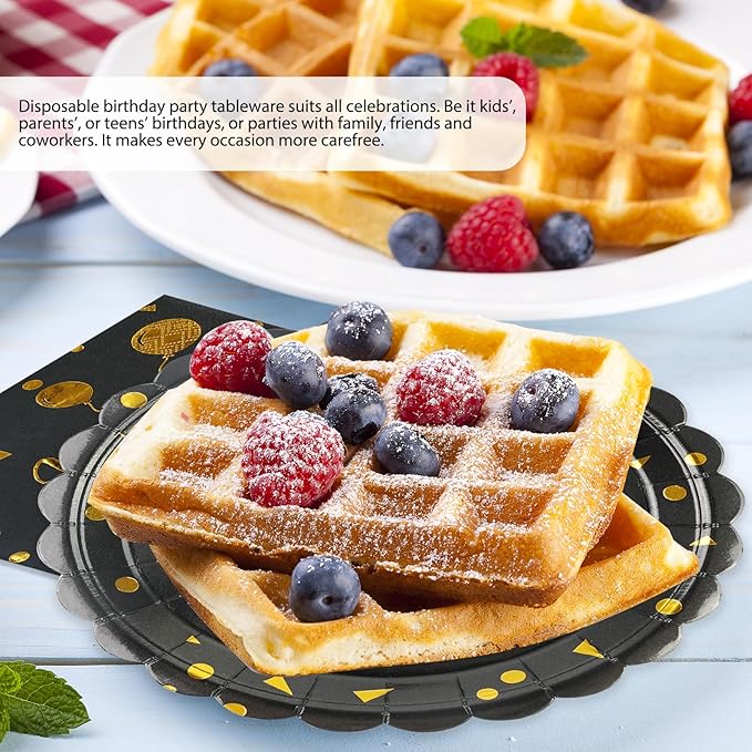 50PCS Happy Birthday Paper Plates and Napkins - 7 Inch Birthday Cake Plates Scalloped Black and Gold Dessert Plates and 6.5 Inch Napkins Disposable Tableware Set, Serves 25