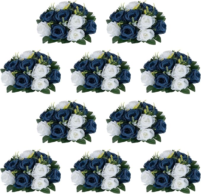 NUPTIO Artificial Flower Centrepieces for Tables - 10 Pcs Navy Blue & White Fake Flowers Roses Balls 9.5in Diameter - Silk Faux Rose Arrangement for Wedding Party Centerpiece Table Decorations
