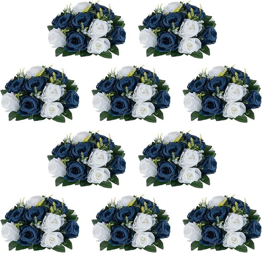 NUPTIO Artificial Flower Centrepieces for Tables - 10 Pcs Navy Blue & White Fake Flowers Roses Balls 9.5in Diameter - Silk Faux Rose Arrangement for Wedding Party Centerpiece Table Decorations
