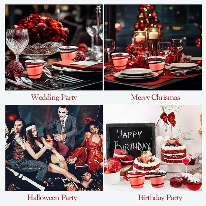 Gejoy 9 oz Rimmed Swirl Plastic Cups Disposable Wine Drinking Cups Clear Elegant Halloween Tumblers for Christmas Party Supplies(Red,Black,200 Pcs)