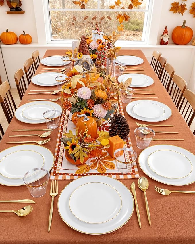 bUCLA 150PCS White and Gold Plastic Plates Disposable - 25 Guests Gold Dinnerware Set - Include 25 Each (Dinner & Dessert) Plates, 25 Knives, 25 Forks, 25 Spoons & 25 Cups for Party & Thanksgiving