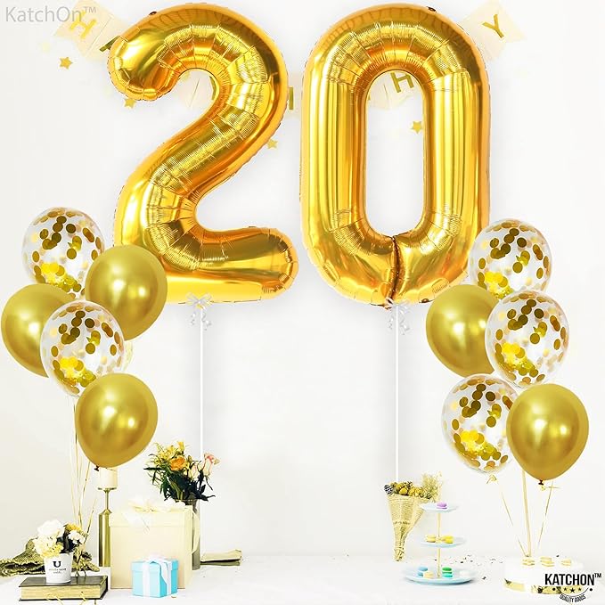 KatchOn, Gold 20 Balloon Numbers - Pack of 16 | Foil Balloon For 20th Birthday Decorations | 20th Anniversary Decorations | Gold Birthday Party Decoration