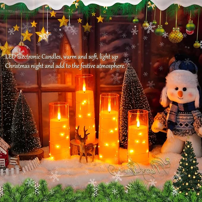 Flameless LED Candles with Timer 5 Pc Flickering Flameless Candles for Romantic Ambiance and Home Decoration Stable Acrylic Shell,with Embedded Star String，Battery Operated Candles（Orange）