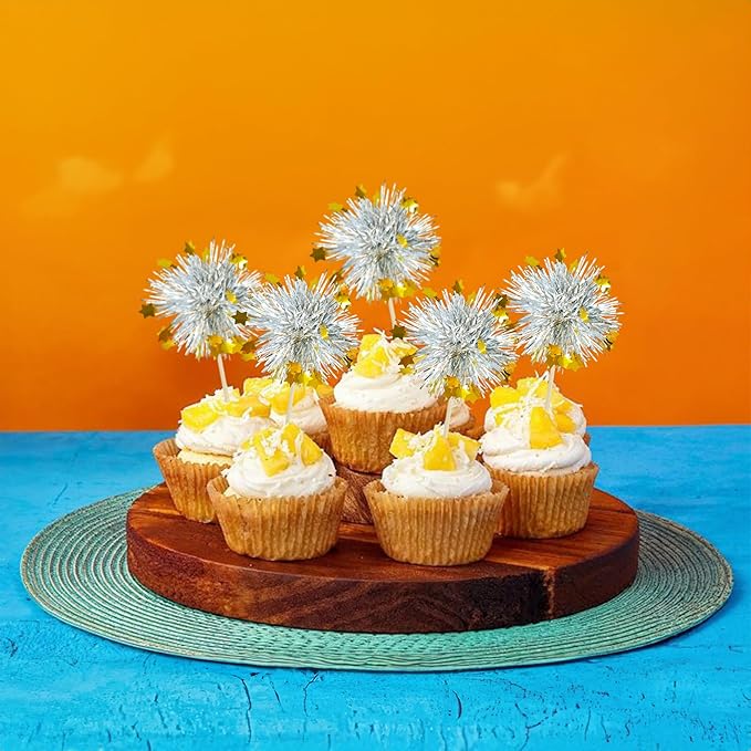 Ephlyn 30Pcs Foil Firework Cupcake Toppers Sparkle Tinsel Cupcake Picks Happy Birthday Cake Decorations Drink Stirrers Cocktail Food Fruit Toothpicks for Baby Shower Graduation Party Supplies Silver