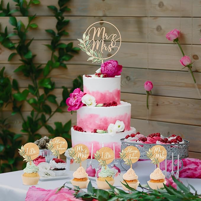 Mr & Mrs Cake Topper & 12 PCS Wedding Cupcake Toppers Green Wedding Decorations in Wood