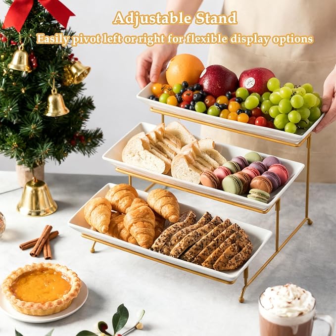 LYEOBOH 3 Tier Serving Stand and Platters Set Large Tiered Serving Platters with Collapsible Sturdier Rack 14 Inches Tiered Serving Tray for Appetizer Fruit, Dessert and Cupcake, White