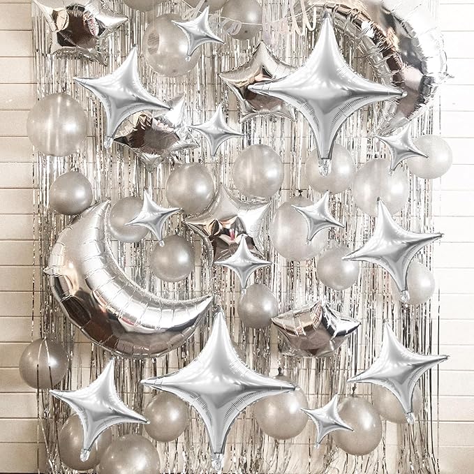 12PCS Silver Star Balloons, 24in 18in 10in Four Angle Star Shaped Balloon Silver Foil Balloons for Wedding Baby Shower Birthday New Year Party Decorations