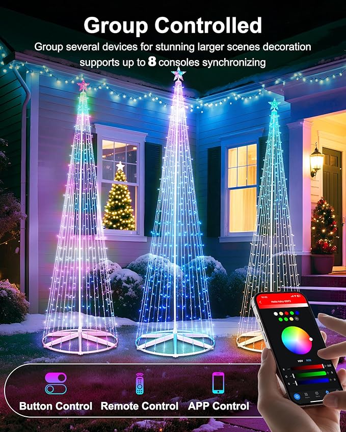 Brightown 12FT Outdoor Christmas Cone Tree Light, 443 LED Music Sync with Smart APP, Remote and Local Control, Pattern and Text Displayable, 16 Million Colors Light Show Tree for Indoor Decorations