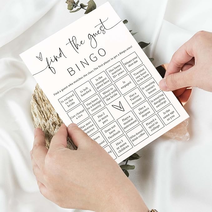 Bridal Shower Bingo, 25Pcs Prefilled Find The Guest Bingo Game Cards, Engagement Party Games for Guests, Minimalist White Wedding Party Supplies - A19