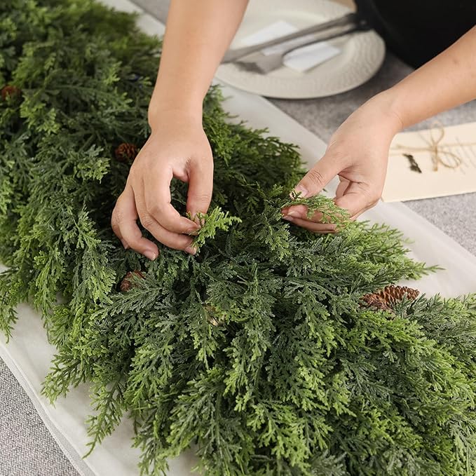 9FT Real Touch Cedar Garland for Fireplace - Artificial Christmas Garlands Realistic Faux Greenery Fake Pine Needles Garland for Holiday,Table, Window,Mantel,Stairs, Home,Indoor Outdoor Decor (1PCS)