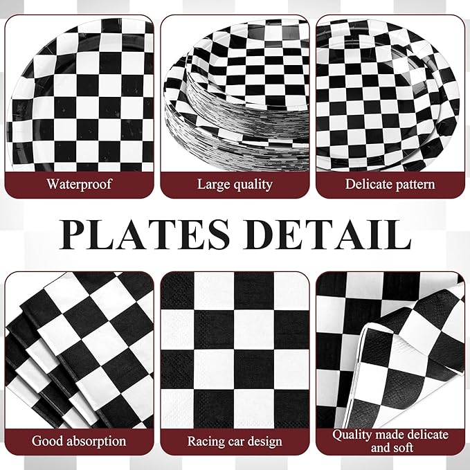 Pickmesh 400 Pcs Race Car Birthday Party Supplies Include Black White Checkered Disposable Paper Plates Napkins Cups Cutlery for Sport Race Car Birthday Party Decorations Serve 50