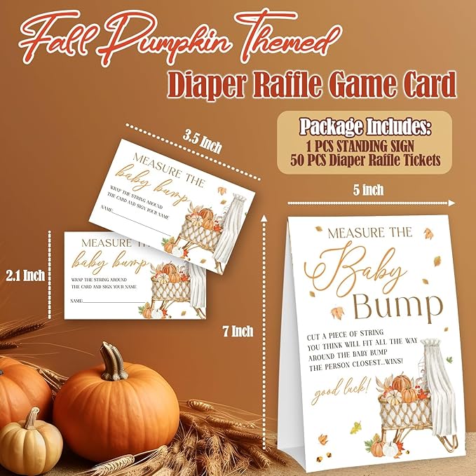 Baby Crib Measure The Baby Bump - Thanksgiving Baby Shower Card Set (1 Sign With 50 Guess Cards), Fall Pumpkin Gender Reveal Party Favor Supplies -A27