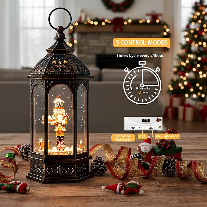 12.8'' Christmas Gingerbread Nutcracker Snow Globe Lantern, Lighted Animated Rotating Train with Musics Swirling Glitter Water Lantern Decoration for Home
