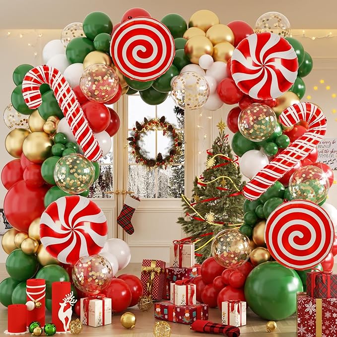 165Pcs Christmas Balloon Garland Arch Kit, Xmas Holiday Balloons Red Green White Glod Confetti Balloons with Large Candy Cane Swirl Mylar Foil Balloons, Rich for Christmas Party Decorations