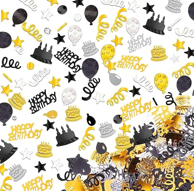 VHUWE Happy Birthday Confetti, 1.6 oz Black Gold Silver Cake Balloon Star Goblet Bottle Glitter Confetti for Happy Birthday Party Decorations Boys Girls Kids Women Men Birthday Table Decorations