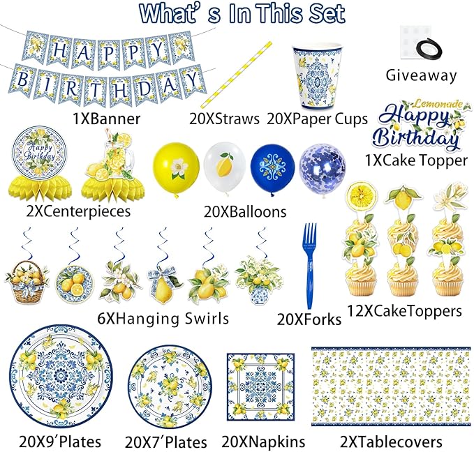 188PCS Capri Lemon Party Supplies Blue Tiles Yellow Birthday Decorations Amalfi Coast Lemon Summer Citrus Mediterranean Plates Napkins Set Banner Tablecloth CakeTopper Balloon Honeycomb Centerpieces