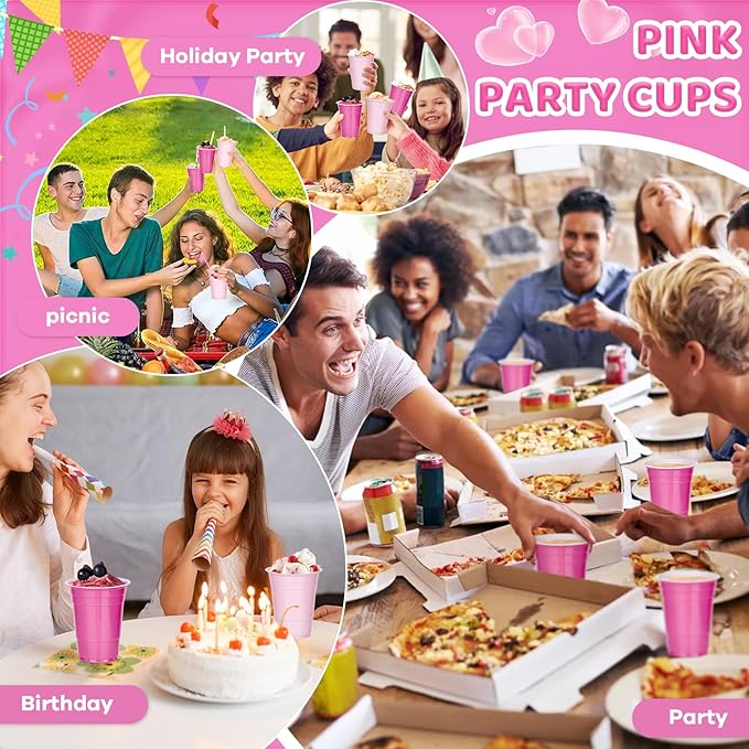 KesaPlan 100 PCS 16 OZ Plastic Cups Party Cups Pink and Hot Pink Cups Disposable Cups Bulk for Party Graduation Thanksgiving Wedding Birthday Christmas Halloween Family Gatherings Festive Celebrations