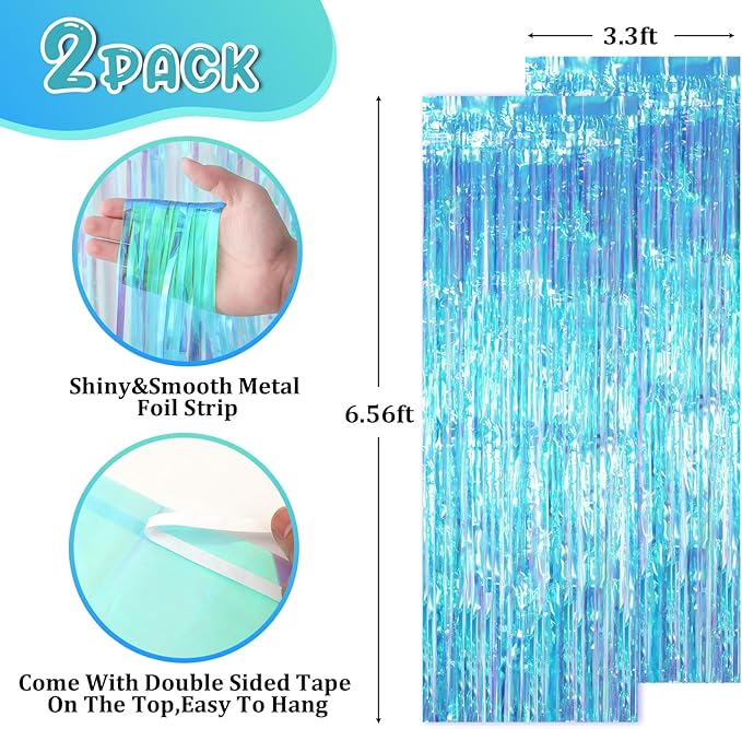 2 Pack Neon Iridescent Tinsel Foil Fringe Curtains, Iridescent Party Decorations, Metallic Tinsel Party Streamers Backdrop for Birthday Baby Shower Graduation Wedding Party Decorations