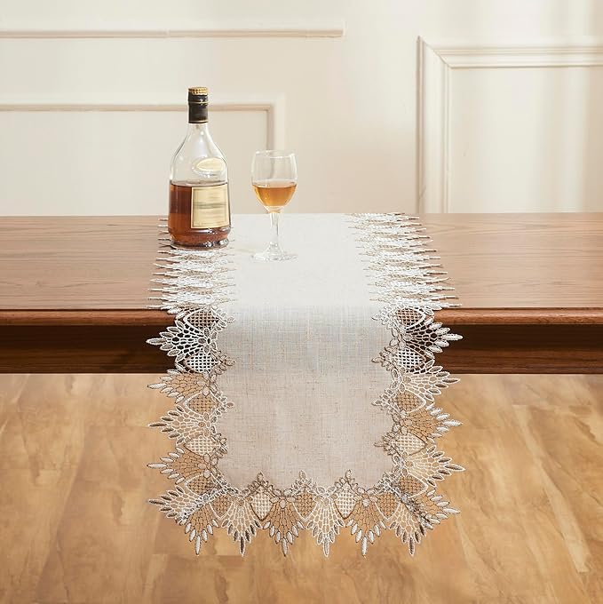 Natural Linen Table Runner 60 inches Neutral Earth Tones Beige Lace Handcrafted Coffee Table Runners Dresser Scarf for Spring Easter Summer Kitchen Wedding Party (Natural, 16”x60”)