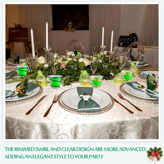 Gejoy 9 oz Rimmed Swirl Plastic Cups Disposable Wine Drinking Cups Clear Elegant Halloween Tumblers for Christmas Party Supplies(Gold, Green,100 Pcs)