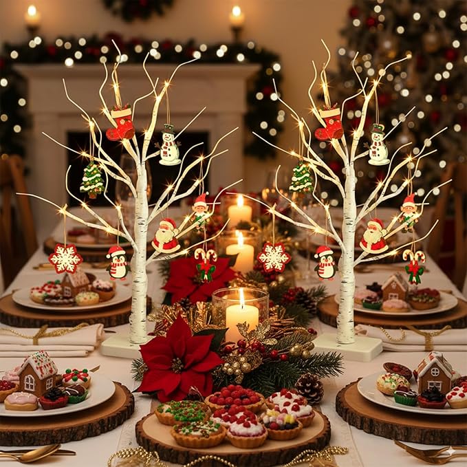 EAMBRITE Lighted Birch Tree with Christmas Ornaments, 2 Pack Small Christmas Trees with Led Lights, White Twinkling Tree Decorations Tabletop Centerpieces for Home Table Bedroom Indoor Decor (22inch)