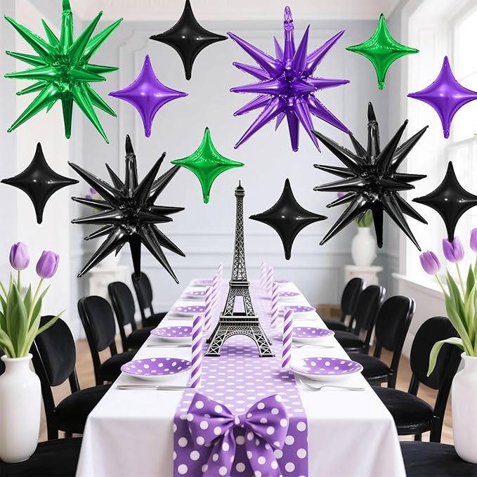 Black Purple Green Star Balloon,6Pcs 22Inch Explosion Star Balloons and 10Pcs 10Inch Four Angle Balloons Kit for Halloween Birthday Anniversary Baby Shower Wedding Party Decorations