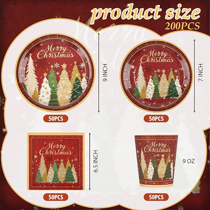 200Pcs Christmas Paper Plates Napkins and Cups Set, Xmas Disposable Party Dinnerware with Merry Tree Design, Holiday Tableware Supplies,Serves 50