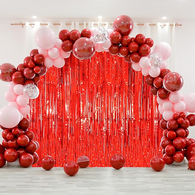 2 Pack Red Tinsel Foil Fringe Curtains, Red Party Decorations, Metallic Tinsel Party Streamers Backdrop for Birthday Casino Christmas Graduation Carnival Valentine's Party Decorations