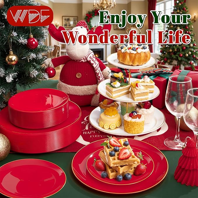 WDF 150Pcs Red Plastic Plates - Red Plates Disposable - 25Guest Christmas Dinnerware Include 25 Dinner Plate, 25 Dessert Plate, 75 Cutlery & 25 9oz Cups for Christmas & Parties