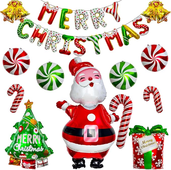 Christmas Balloons Set -MerryChristmas Balloon Banner Large Santa, Red & Green Candy Cane Foil Balloons for Christmas Party Decorations