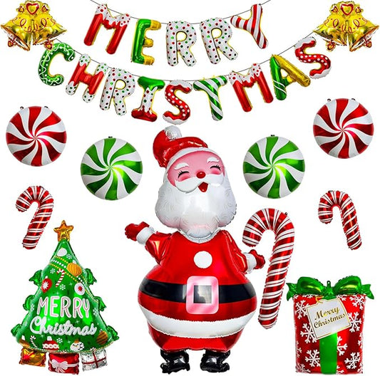 Christmas Balloons Set -MerryChristmas Balloon Banner Large Santa, Red & Green Candy Cane Foil Balloons for Christmas Party Decorations