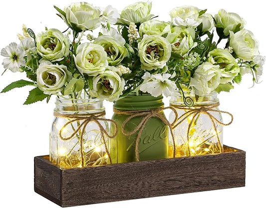 3 Pcs Mason Jar Centerpiece Table Decorations for Dining Farmhouse Coffee Table Decor with Wood Tray and Led Light Table Centerpieces for Dining room Kitchen Living Bathroom,Green