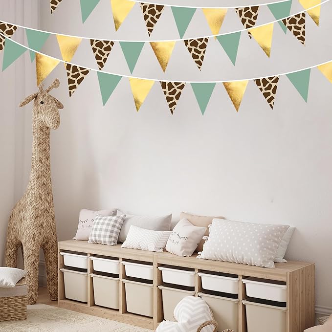 32Ft Jungle Safri Party Decorations Gold Sage Green Giraffe Printed Triangle Flag Fabric Banner Pennant Bunting Garland Streamer for Wild Animal Woodland Giraffe Birthday Baby Shower Party Decor