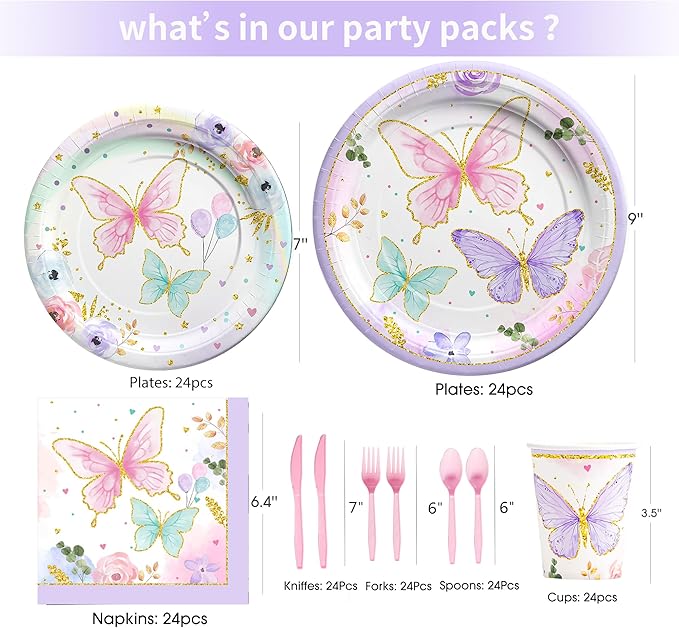 Butterfly Birthday Party Supplies - Butterfly Party Decorations Tableware Include Paper Plate, Napkin, Cup, Disposable Cutlery, Butterfly Baby Shower Decorations Dinnerware | 24 Guests