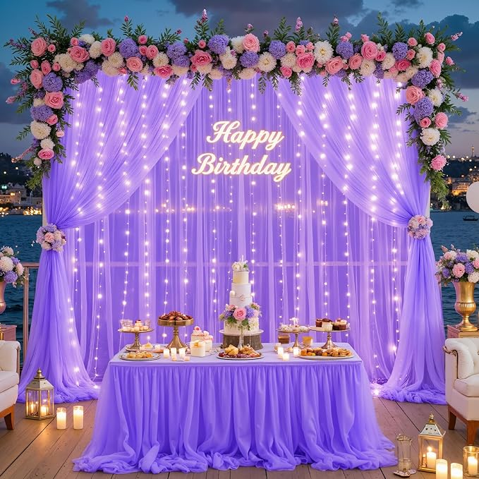 Purple Backdrop Curtains with Lights String for Wedding Birthday Party 10ft×10ft Sheer Tulle Backdrop Curtain for Bridal Shower Baby Shower Photo Shoot Background Wall Decorations 2 Panels 5×10ft