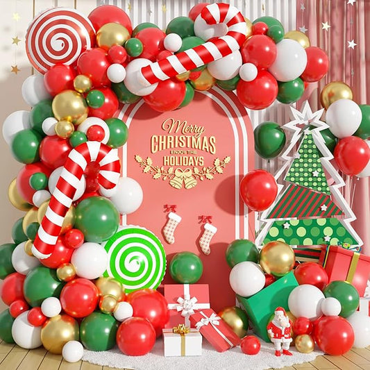 FunHot Christmas Balloons Arch Kit, Xmas Red Green Balloons Garland Kit, White Metallic Gold Latex Balloons Green Red Candy Cane Lollipop Foil Balloon for New Year Holiday Christmas Party Decorations