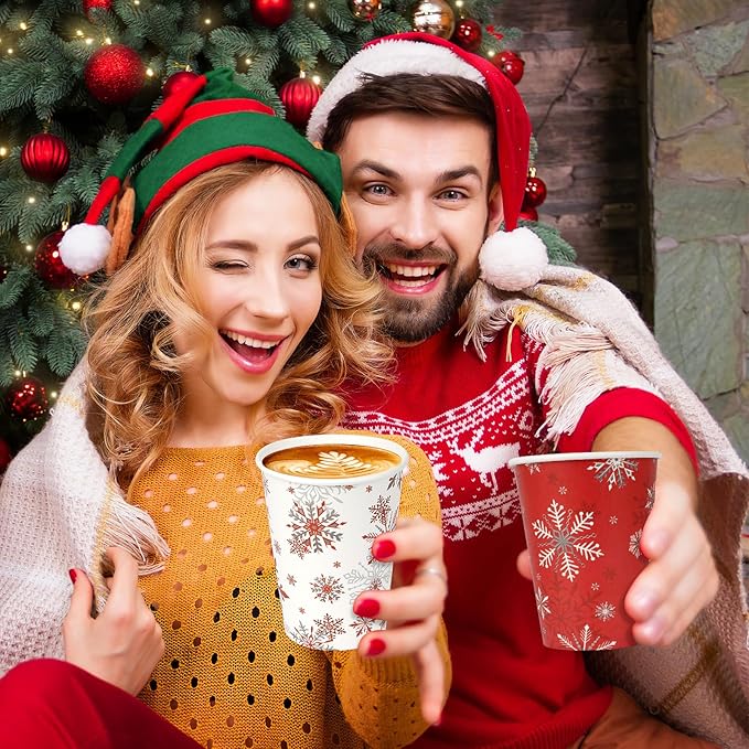 200Set Christmas Paper Cups with Lids 12oz, Bulk Disposable Winter Red Snowflake Cups Coffee Cups, Holiday Paper Cups for Hot Chocolate Cold Drinks Christmas New Year Winter Party Supplies Decorations
