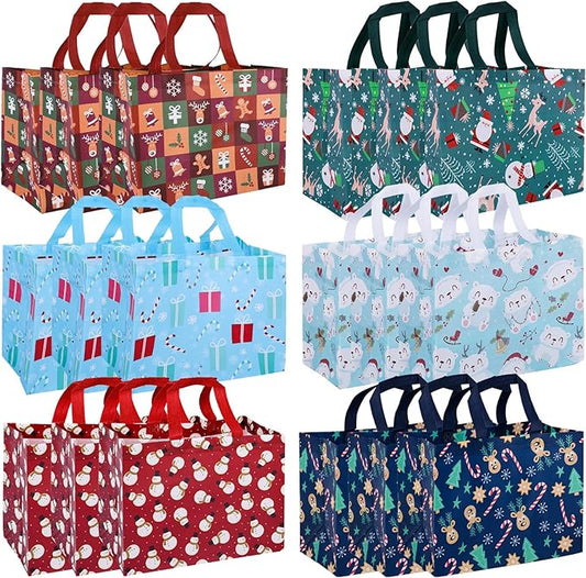 18pcs Christmas Gift Bags, Christmas Tote Bags with Handles, Reusable Shopping Bags, Santa Claus Print for Christmas Parties Gifts Wrapping Holiday Party Supplies (Multicolor Modern)