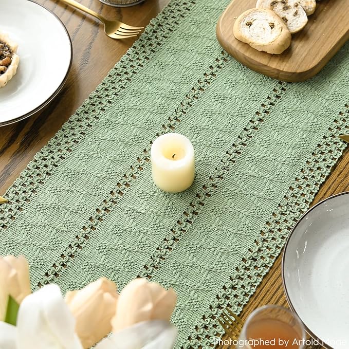 Artoid Mode Light Green Farmhouse Woven Rustic Hollow Table Runner, Seasonal Holiday Hollow Kitchen Dining Table Decoration for Home Party Decor 12x60 Inch