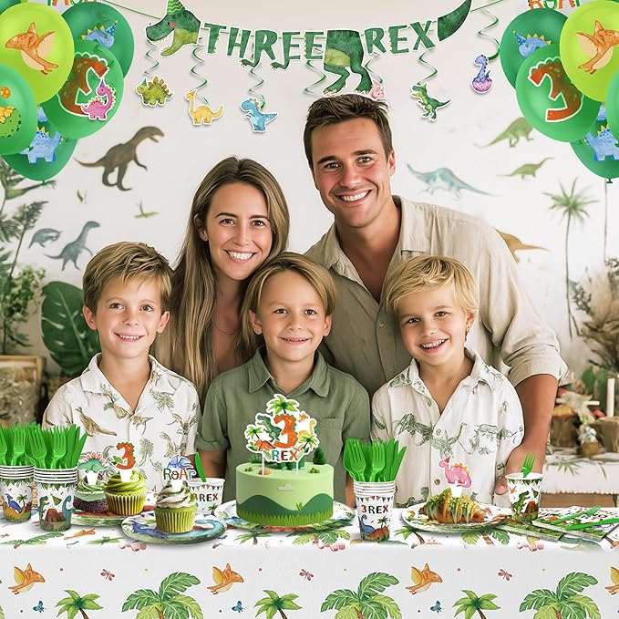 3rd Birthday Dinosaur Decorations Set - 197 Pcs Serves 24, 3-Rex Theme Kit with Tablecloth, Banner, Balloons Tableware & Cake Toppers