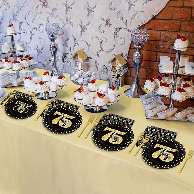 96 Pcs 75th Birthday Party Supplies 75th Birthday Tableware Plates Cheers to 75 Years Table Decorations Dinnerware Party Favor for Men Woman Seventy-five Years Birthday 24 Guests