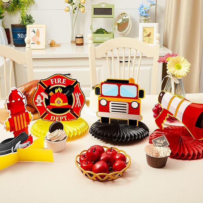 Epakh 10 Pcs Firetruck Birthday Party Decorations Fire Truck Themed Table Supplies Firetruck Honeycomb Centerpieces Fire Truck Plates Firefighter Hat Extinguisher Fireman Party Favor Supplies for Kids
