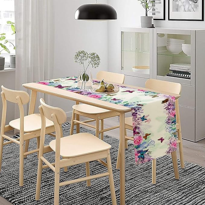 Butterfly Table Runner, Wildflowers Floral Butterfly Table Decoration Seasonal Summer Home Kitchen Dining Table Indoor Outdoor Farmhouse Decor 13x108 in