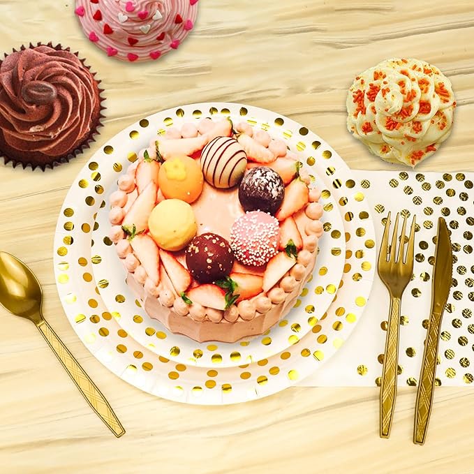 176 Pieces Gold Disposable Party Dinnerware Set &Golden Dot Disposable Party Dinnerware - Black Paper Plates Napkins Cups, Gold Plastic Forks Knives Spoons